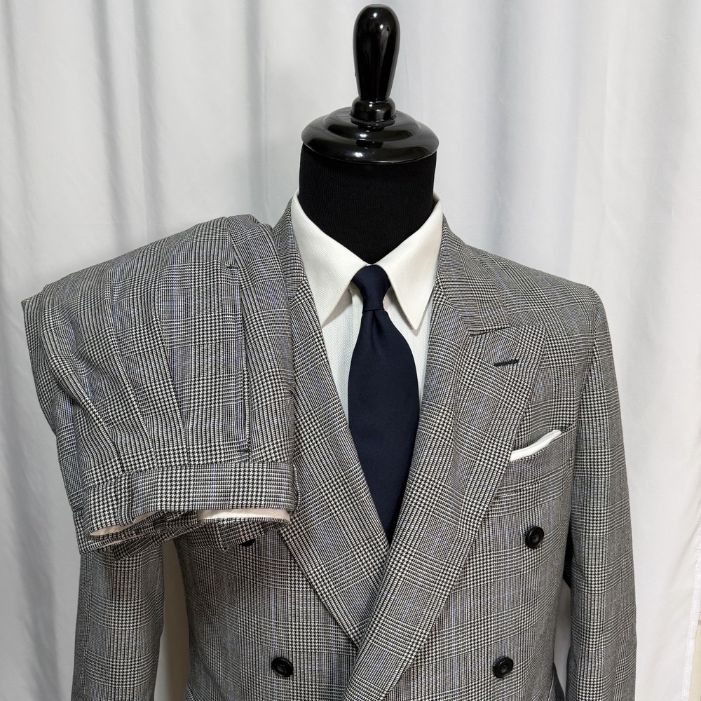 Vtg Cordova Suit Double Breasted Mens 42S 30x28 Glen Plaid Houndstooth Gray Blue